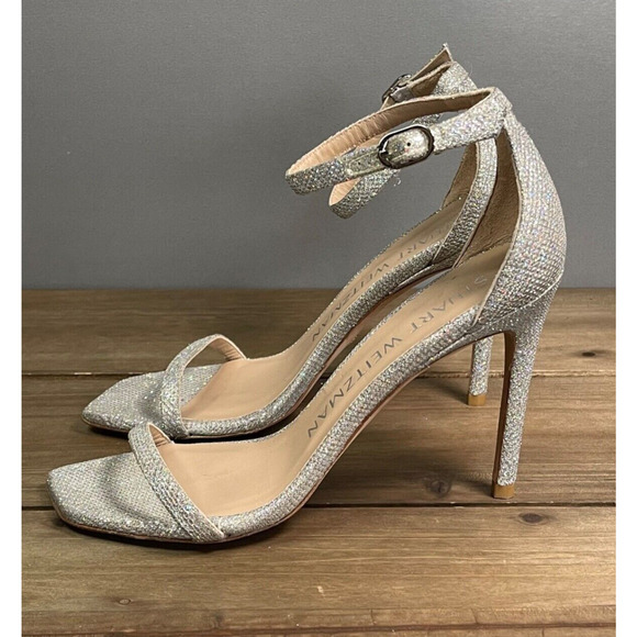 Stuart Weitzman Women's Nudistcurve Heeled Sandal Size 6.5 Crystal Silver 100 mm - Picture 7 of 16
